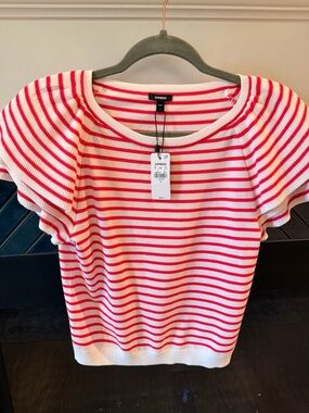 Express Women's Bright Pink and White Striped Short Flutter Sleeve Sweater
